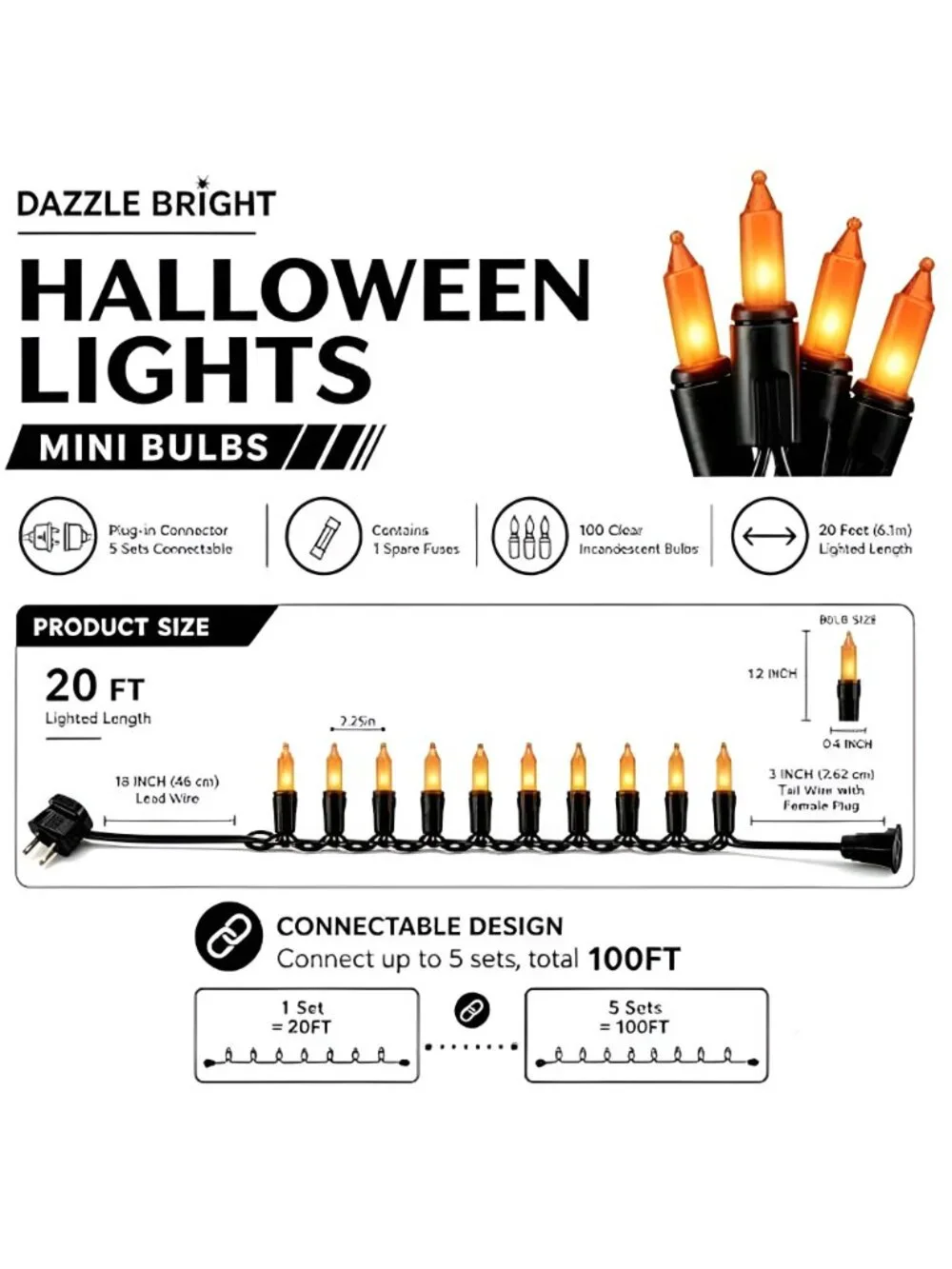 Orange Halloween Lights, 40FT 200 Count Mini String Lights,